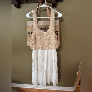 Anthropologie Beige Crochet Top White Tiered Mini Dress